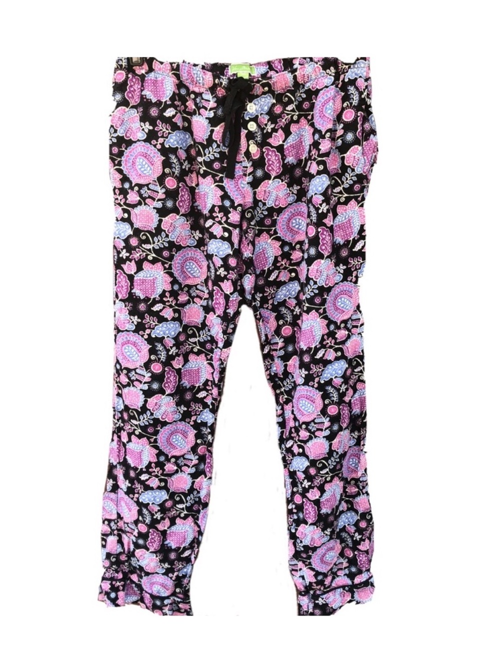 Vera Bradley Black Floral Pajama Bottoms with Pink & Light Blue Accents
